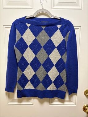 Banana Republic 100% Cashmere Blue Argyle 3/4 sleeve boatneck sweater Preppy S